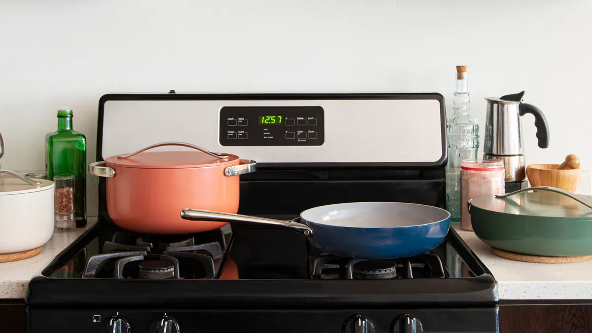 Caraway pots and pans on the stove