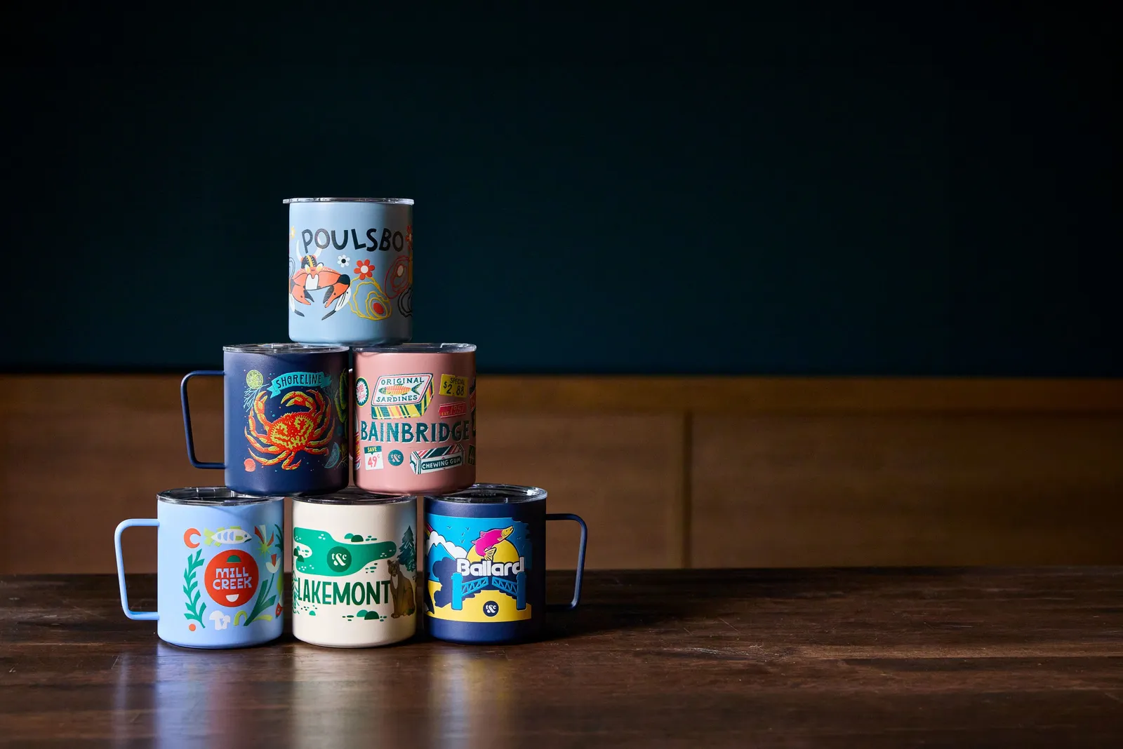 A tower of six mugs.