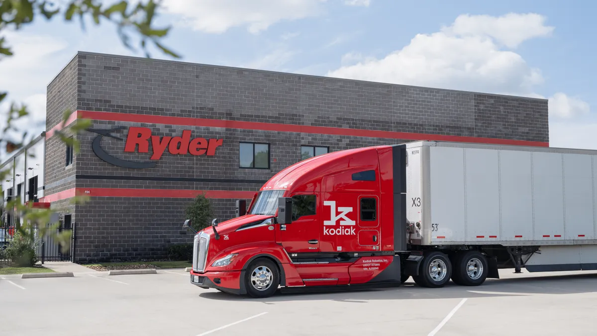 A Kodiak Robotics tractor-trailer outside a Ryder fleet maintenance facility.