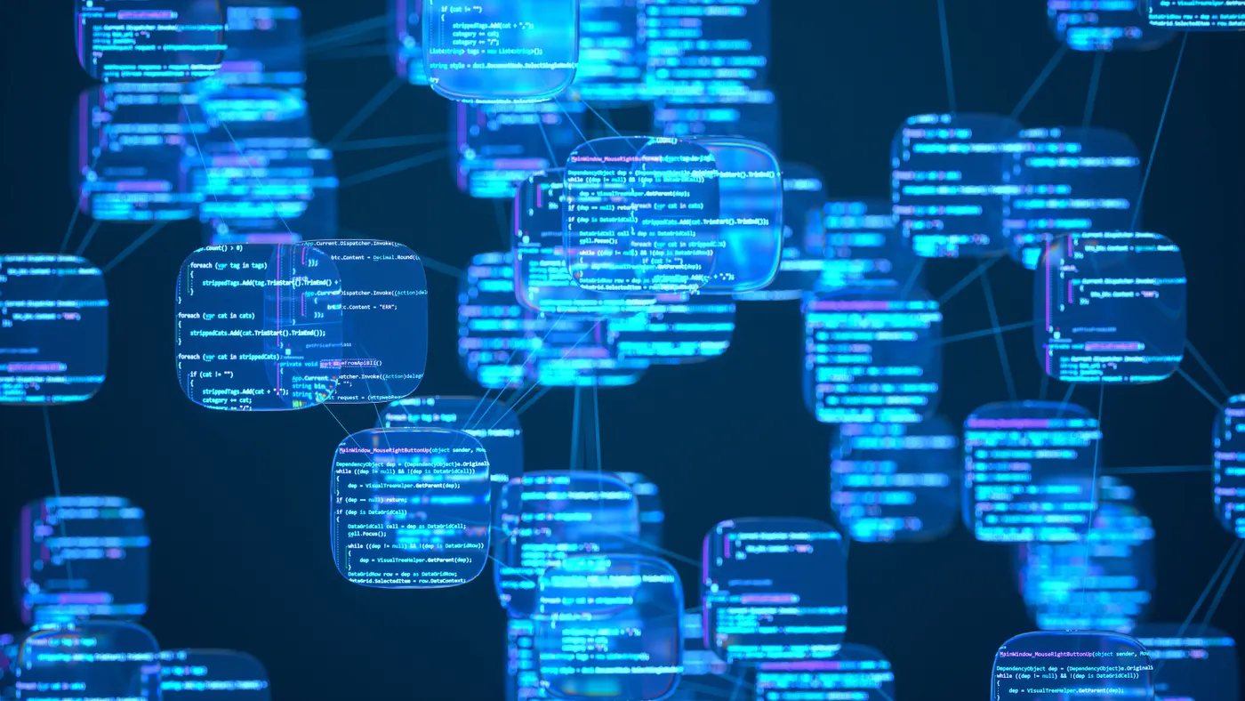 A network of intelligent nodes representing autonomous AI agents processing and writing programming code.