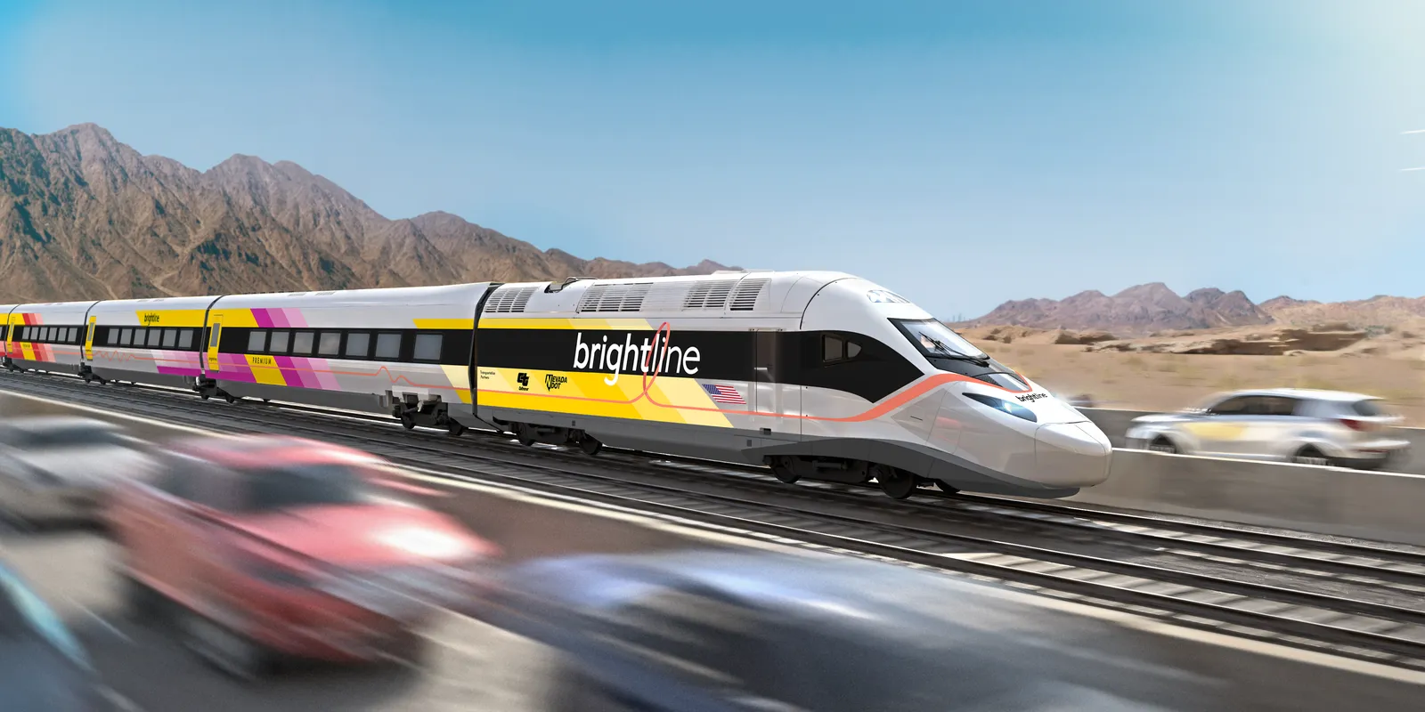 Rendering of a sleek silver Brightline west train.