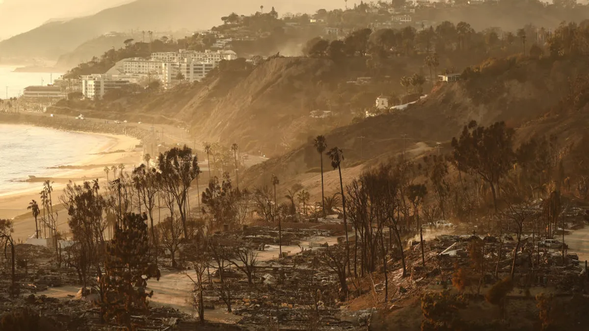 An aerial shot of fire damage in Los Angeles.