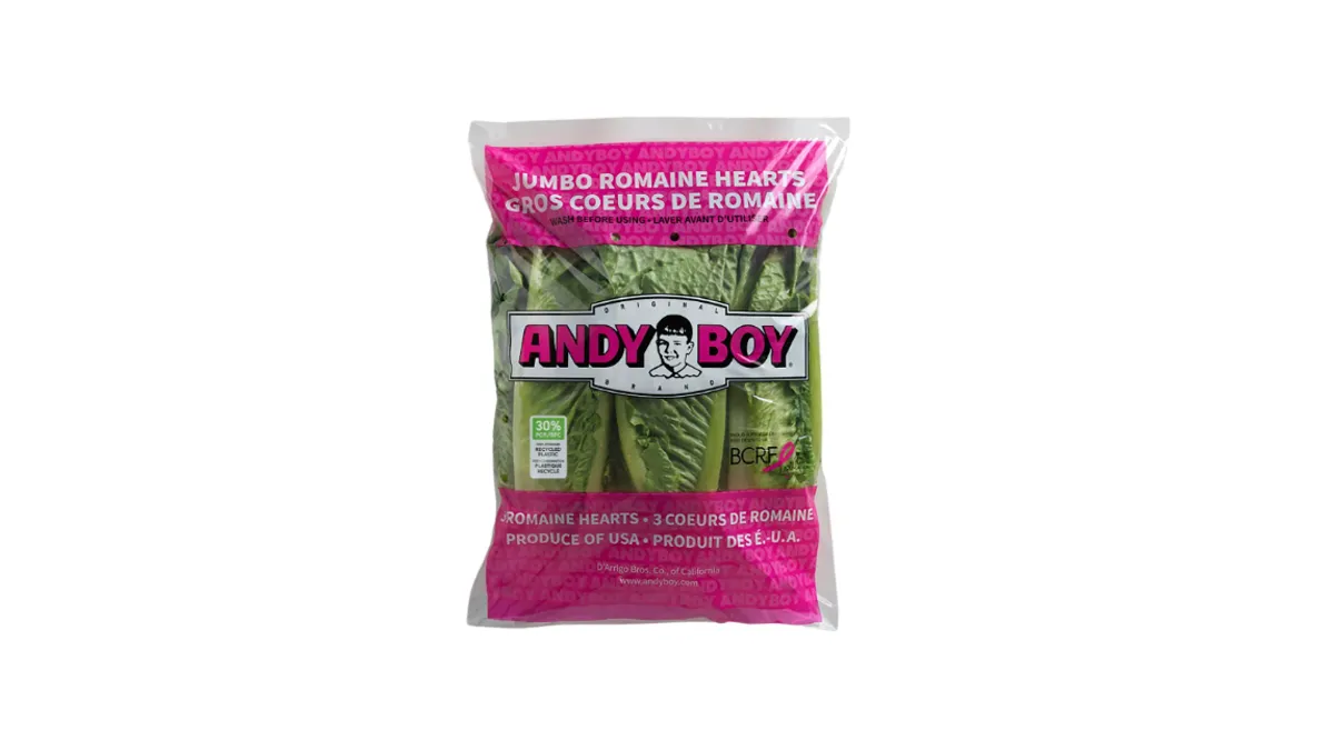 A plastic bag made with postconsumer recycled bag holding romaine hearts, featuring the Andy Boy logo.