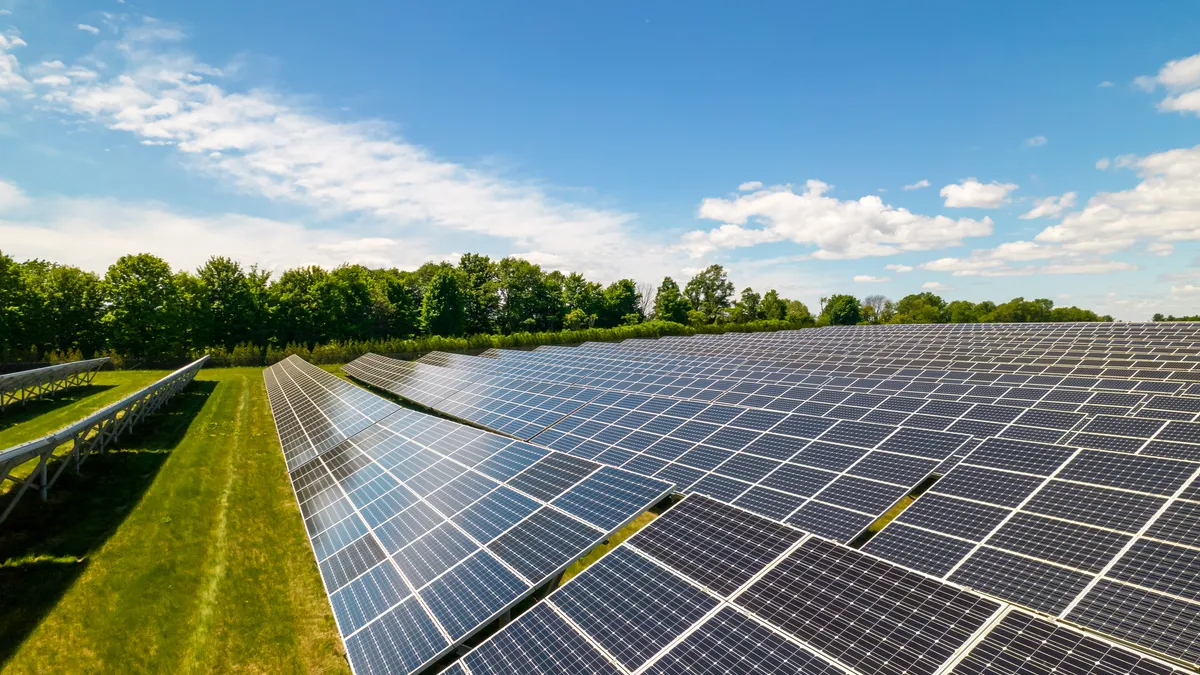 Rows of sustainable energy solar panels set up on farmland.