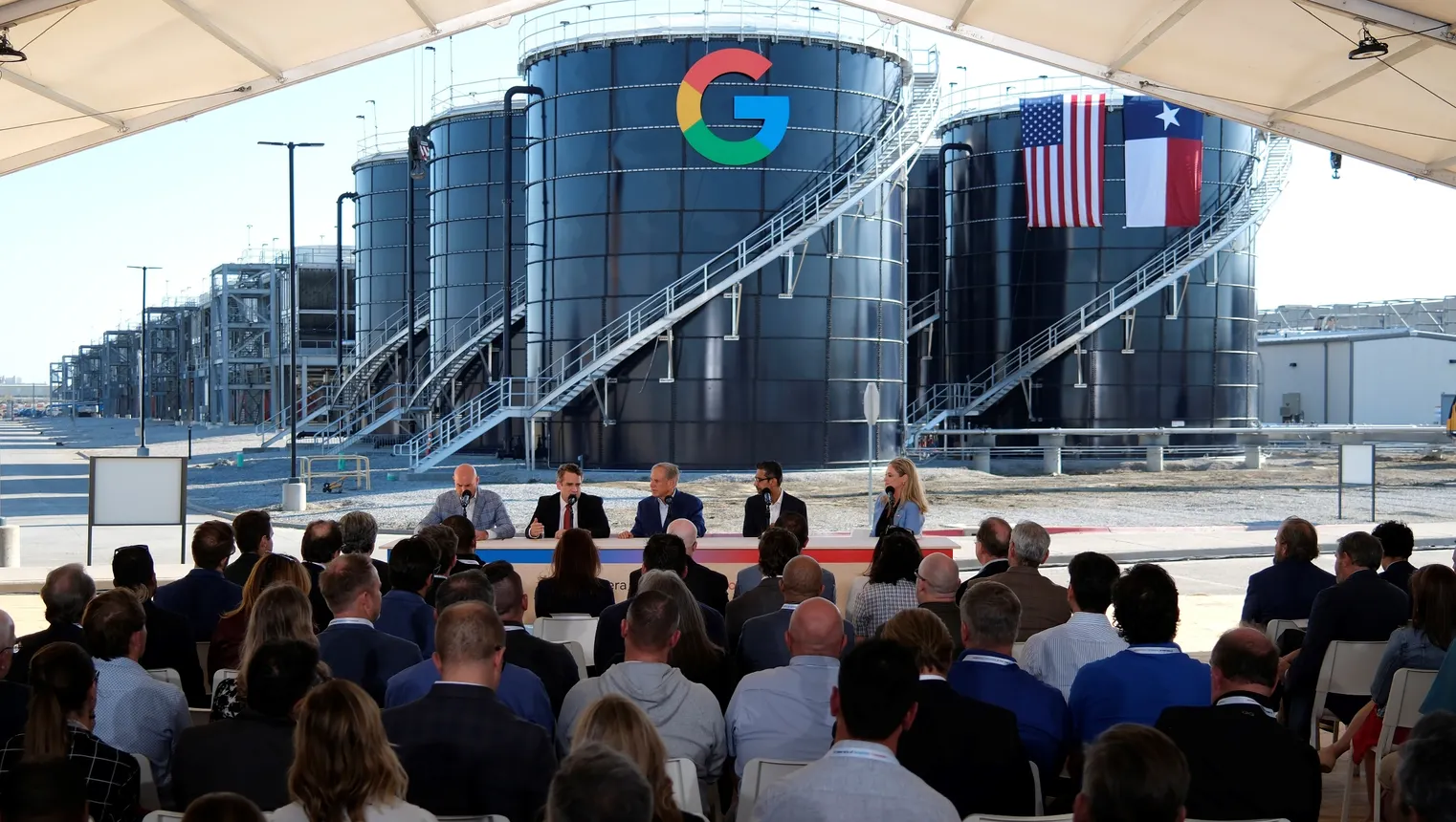 Texas Gov. Greg Abbott and Alphabet and Google CEO Sundar Pichai lead a panel at the Google Midlothian Data Center