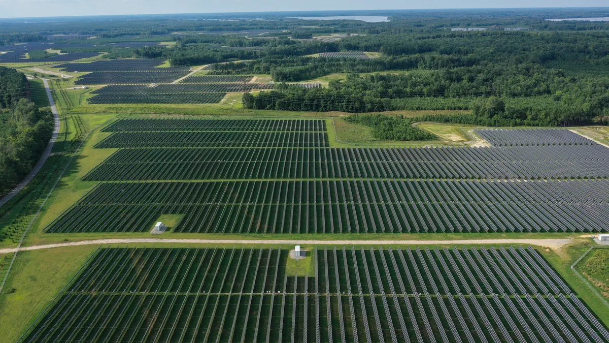 In an aerial view, the Amazon Fort Powhatan Solar Farm is seen on August 19, 2022 in Disputanta, Virginia.