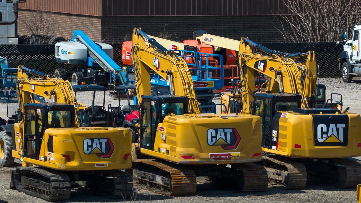 An aerial view shows Caterpillar equipment