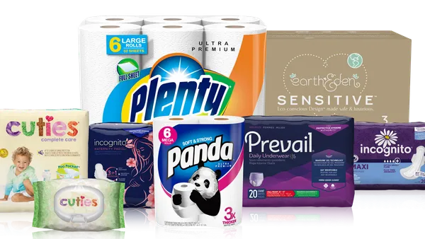 A row of products comprise toilet, tissue paper, diapers and feminine products.