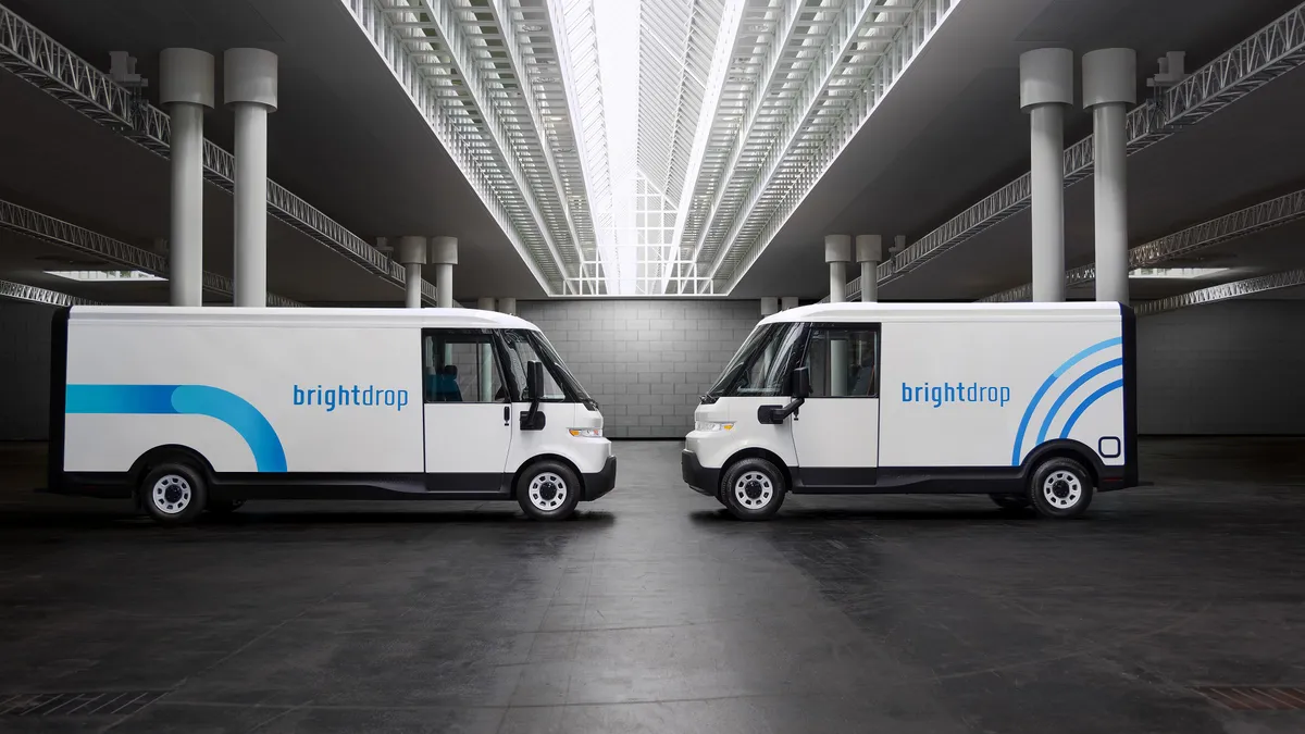 A press photo of the BrightDrop, Zevo 600 and Zevo 400 electric cargo vans.