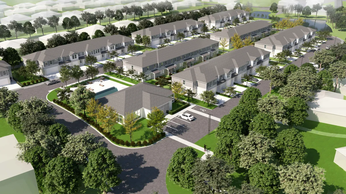 A rendering of a community of townhomes.