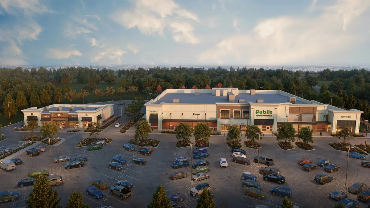 Rendering of the exterior of a Publix supermarket with a parking lot in front