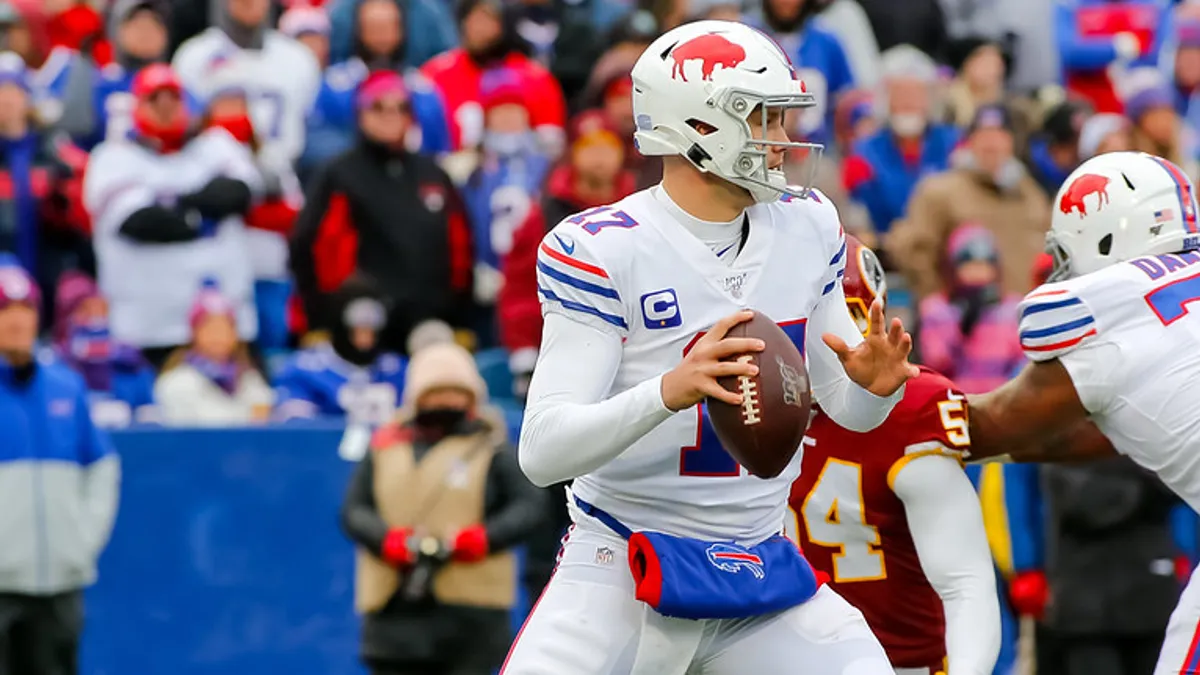 Buffalo Bills Quarterback Josh Allen drops back for a pass on November 5, 2019 i