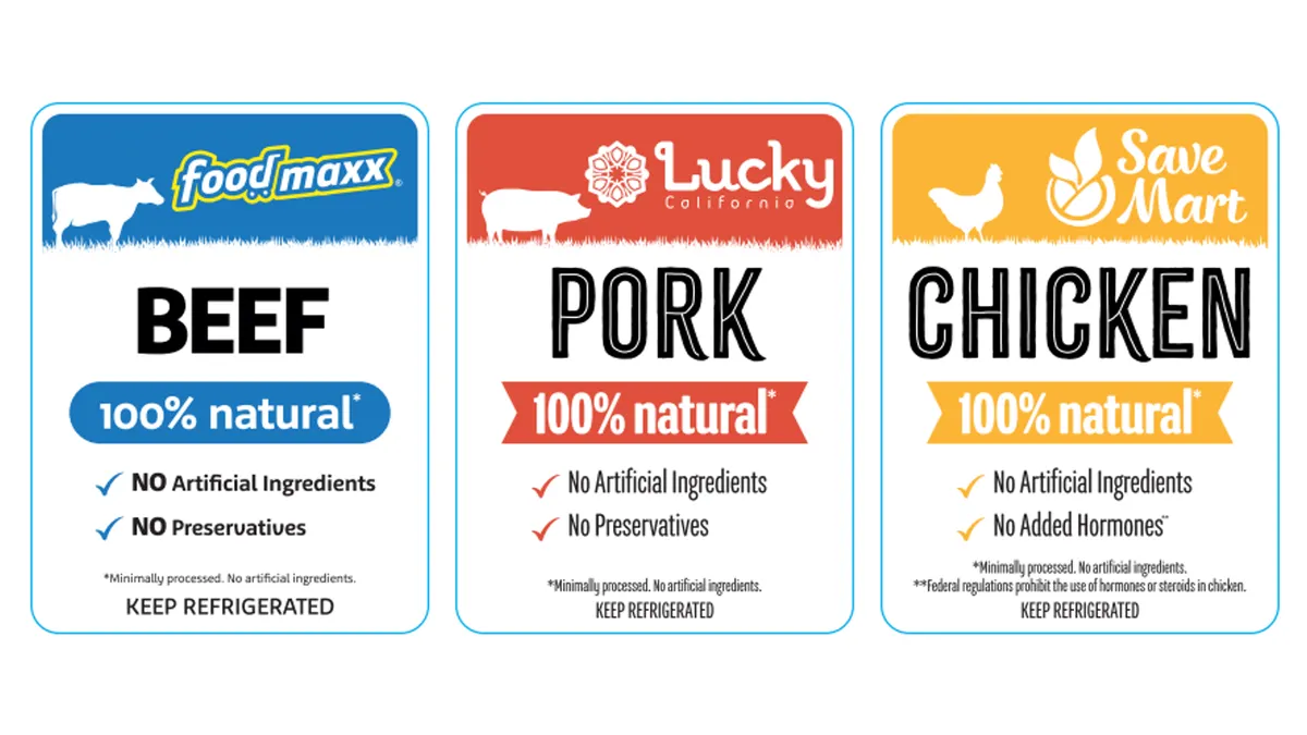 Images of product labels for beef, pork and chicken