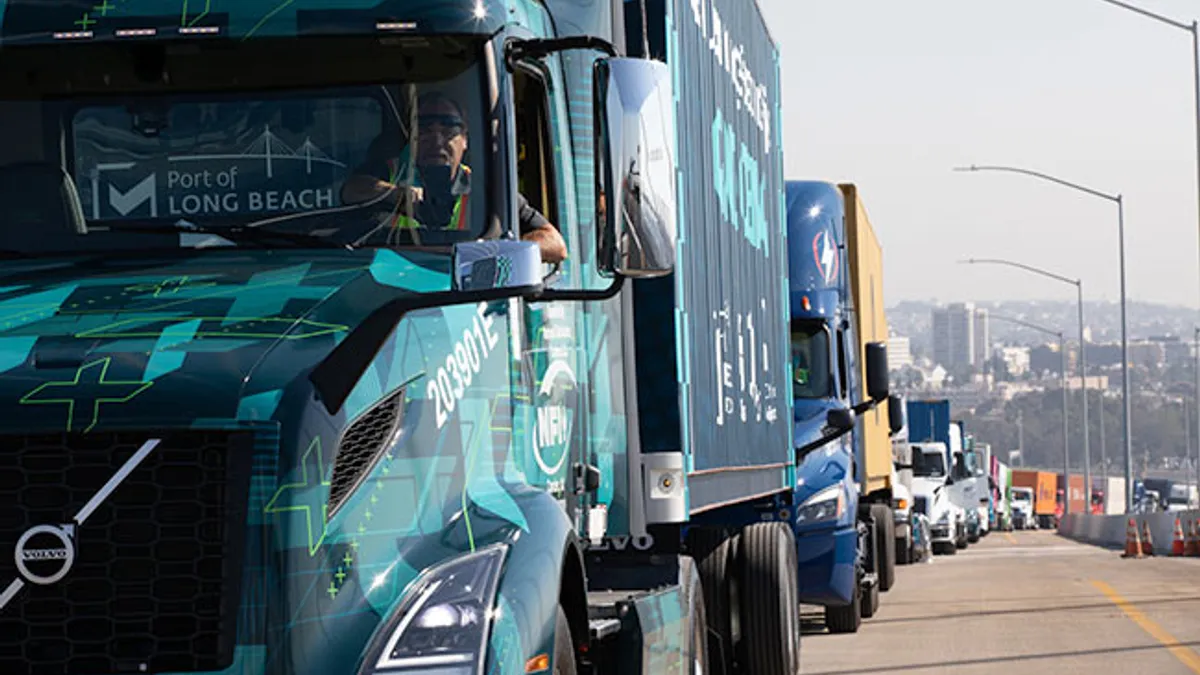 A Volvo VNR Electric recently led a clean-energy truck parade of Southern California fleet operators to commemorate the opening of the new Port of Long Beach bridge.