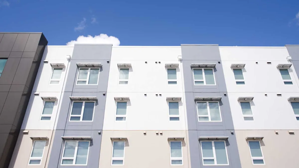 Frontal view of an affordable housing complex for graduate students.