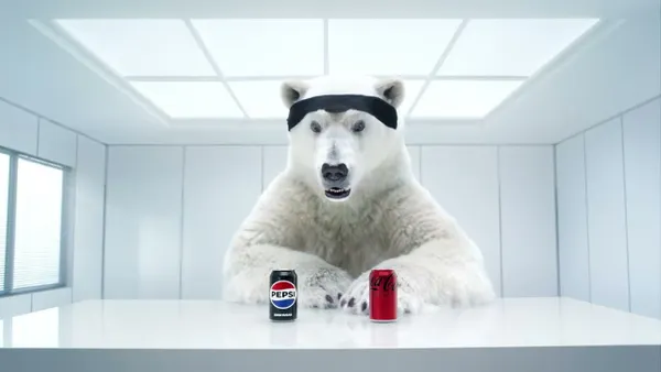 Pepsi campaign imagery showcasing a polar bear prepping for a taste test of Coke Zero and Pepsi Zero Sugar.