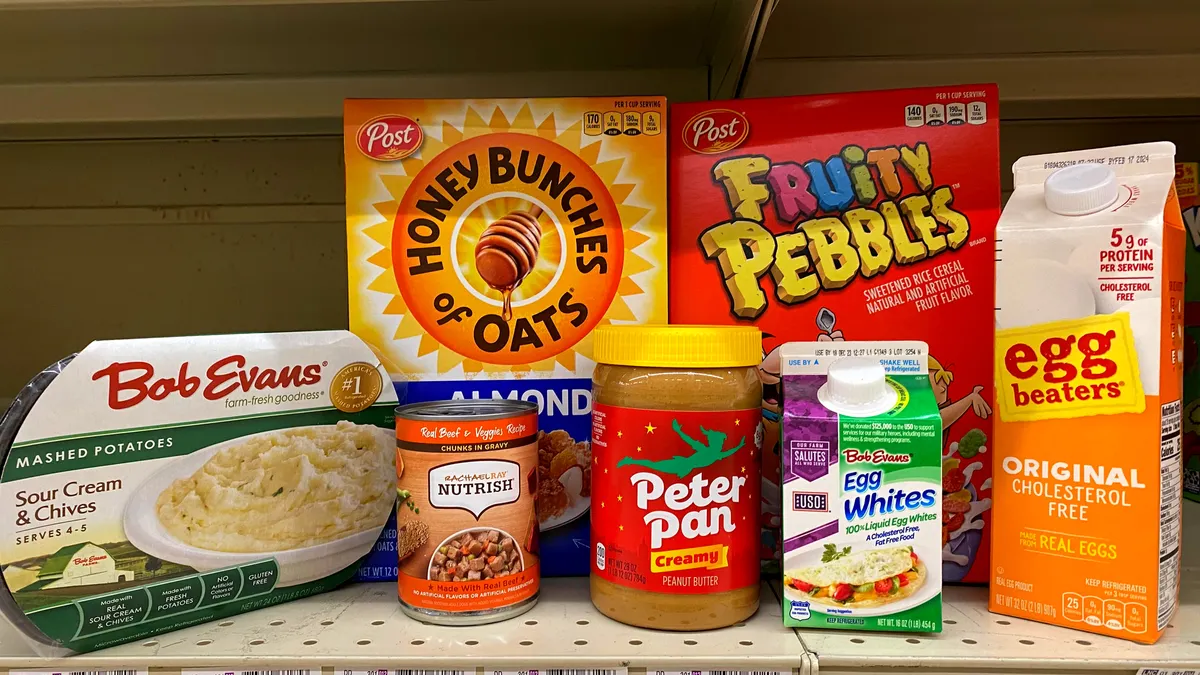 A sample of products sold by Post Holdings including Peter Pan peanut butter and Grape-Nuts cereal.