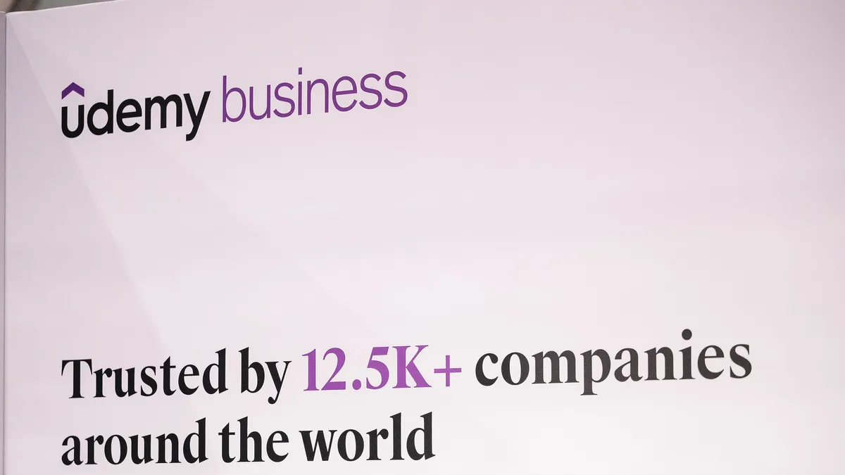 A Udemy advertisement is displayed at the WebSummit 2022 conference in Lisbon, Portugal, on Nov. 1, 2022.