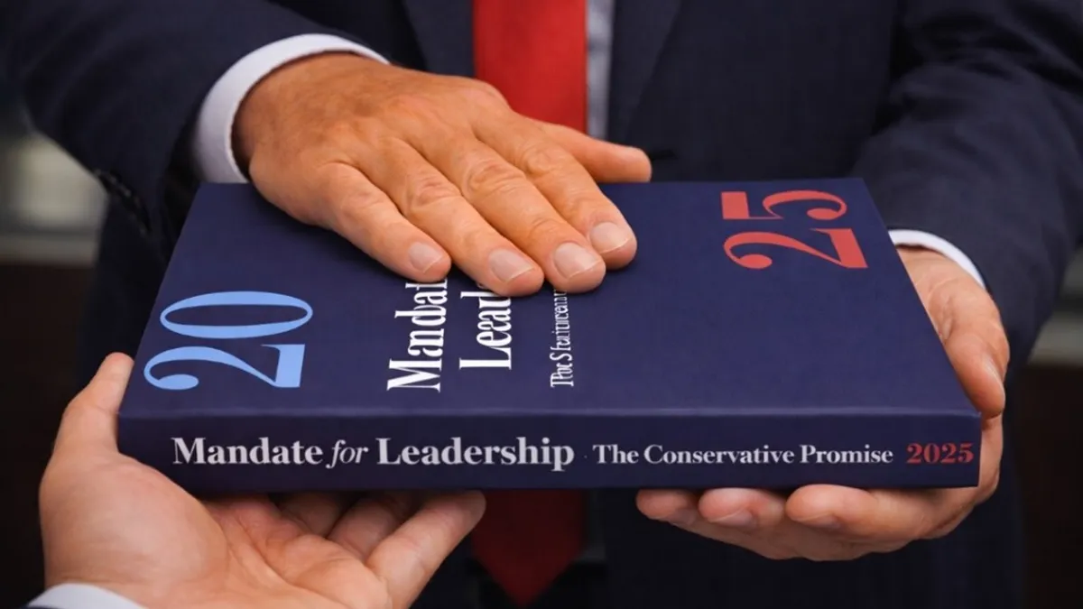 A person in a suit with hands over a book titled "Mandate for Leadership: The Conservative Promise 2025."