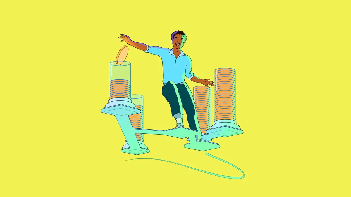 dark skinned graphic image balancing on stacks of coins