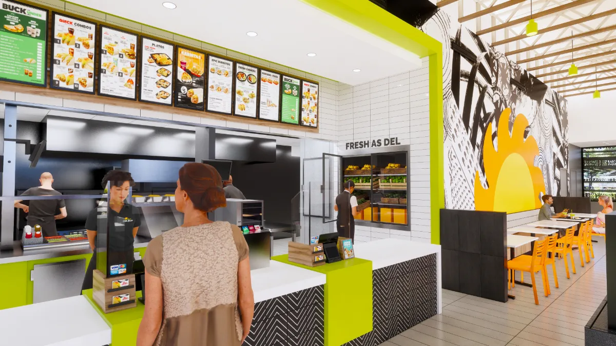 Interior rendering of Del Taco's "Fresh Flex" prototype released January 2021