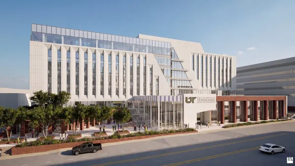 A rendering of a large, white building with many windows on a busy city street on a sunny day.
