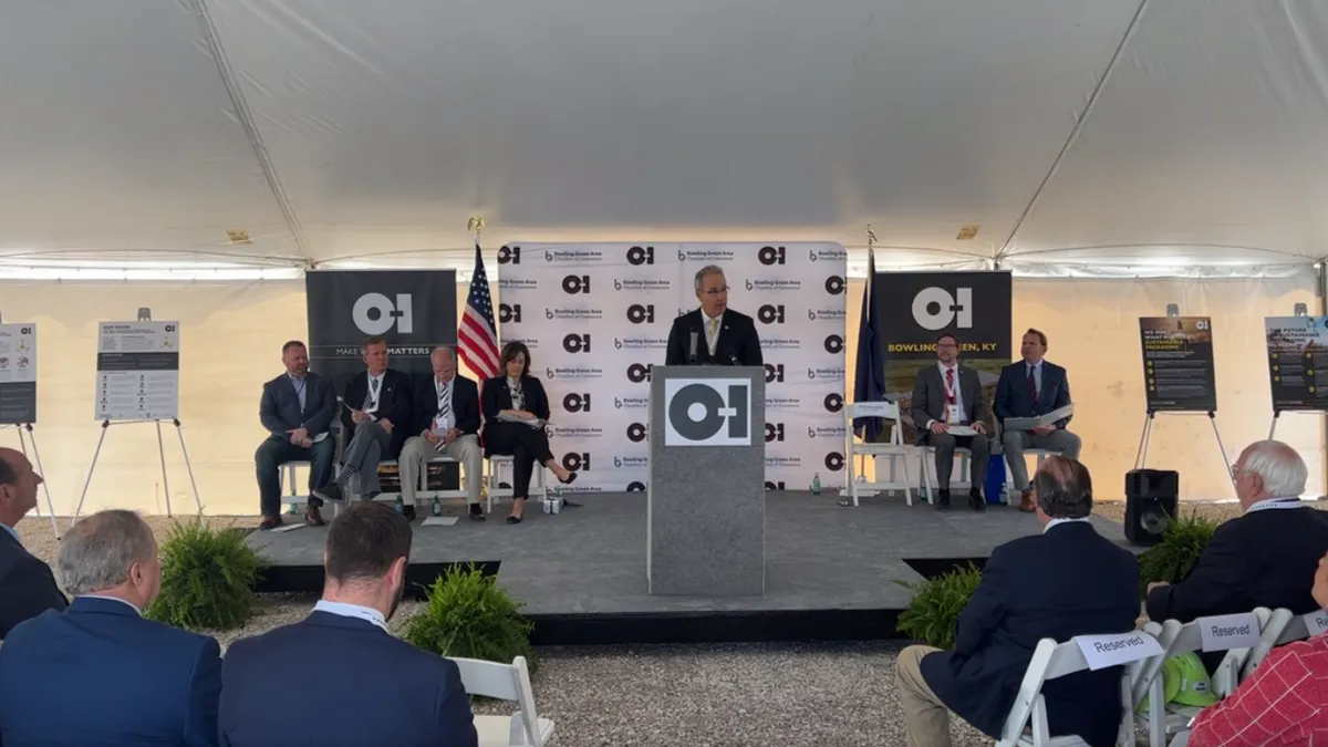 O-I Glass CEO Andres Lopez speaks at a ground-breaking ceremony in Bowling Green, Kentucky, on April 14.