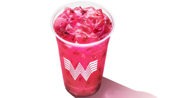An image of a dark pink drink in a cup with a giant W on it.