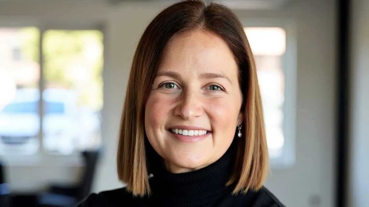 A corporate headshot shows a smiling woman wearing a black turtleneck.