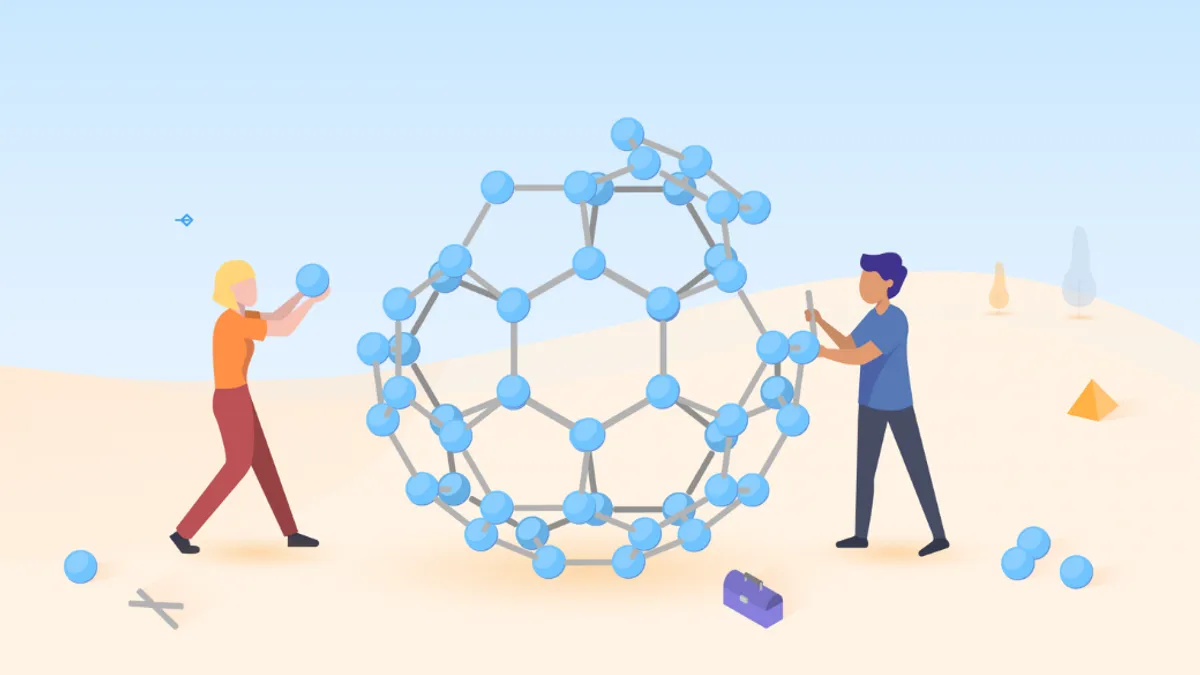 Two animated figure building molecule circle.