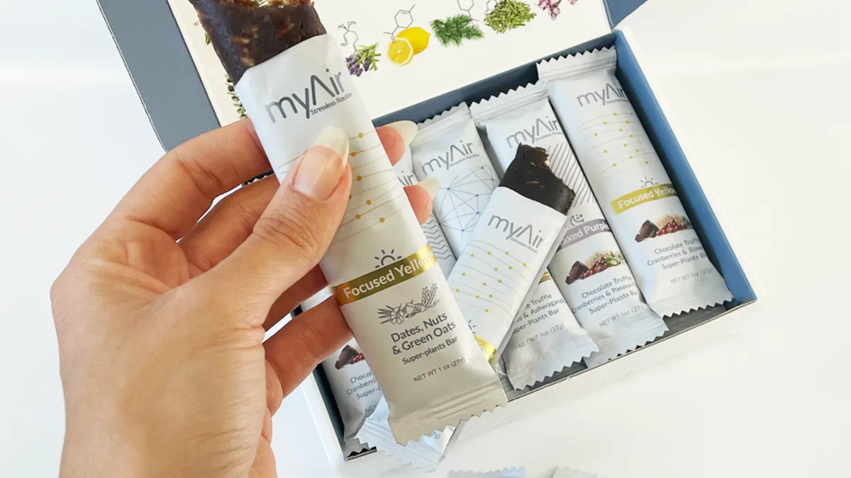 A box of myAir bars, customized to help a user destress.