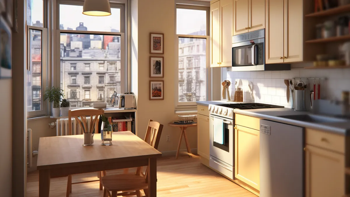 Conventional clean kitchen in a city with natural sunlight