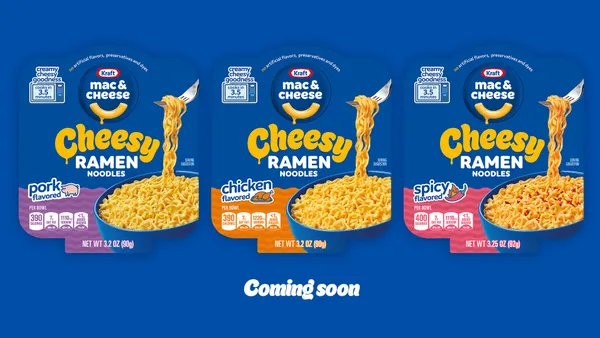 Three bowls of Kraft Mac and Cheese's new Cheesy Ramen.