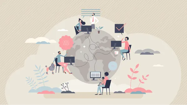 A graphic designed cartoon image of a group of people working at different desktop setups around the globe representing remote work.