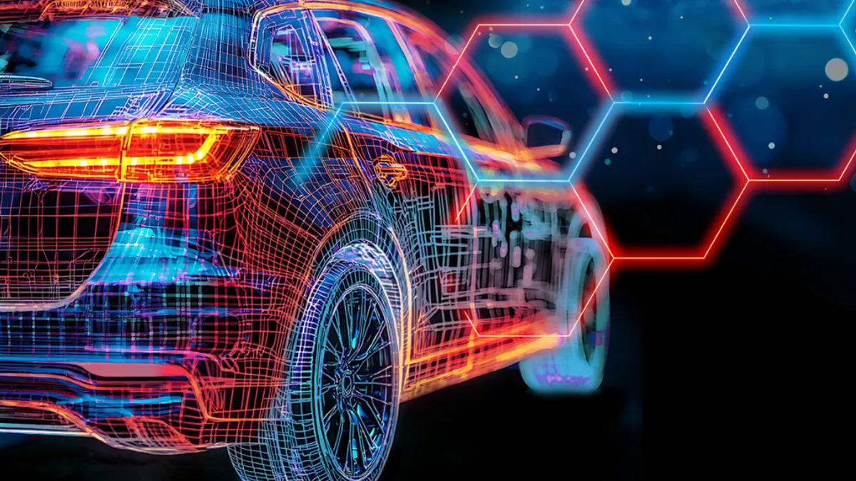 Vector illustration of a car with hexagons behind it.