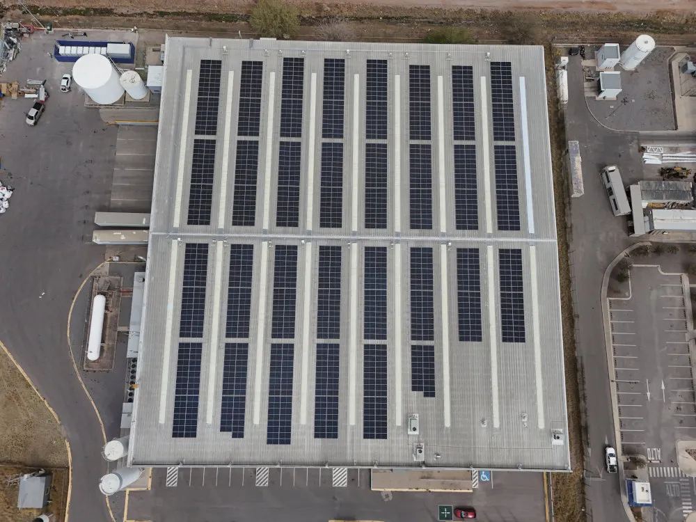 Aerial view of solar panels on a manufacturing facility in Mexico