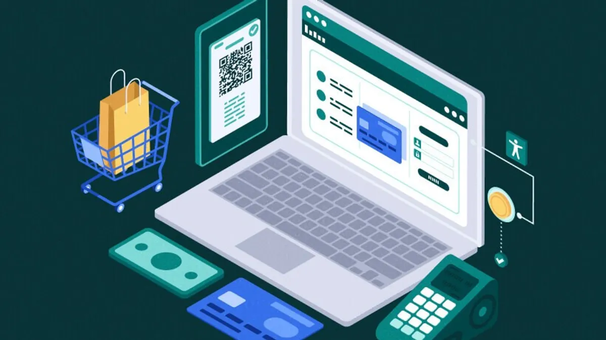 Illustration of online shopping: laptop with e-commerce interface and payment terminal.