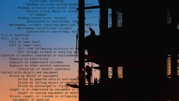 The shadowed silhouette of construction workers on a jobsite with names of hazards listed in the background.