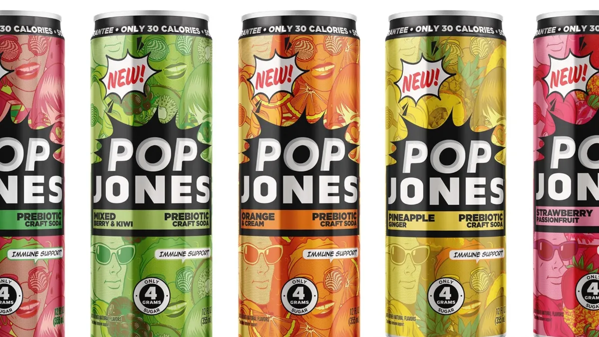 Cans of Jones Soda's prebiotic beverage Pop Jones.