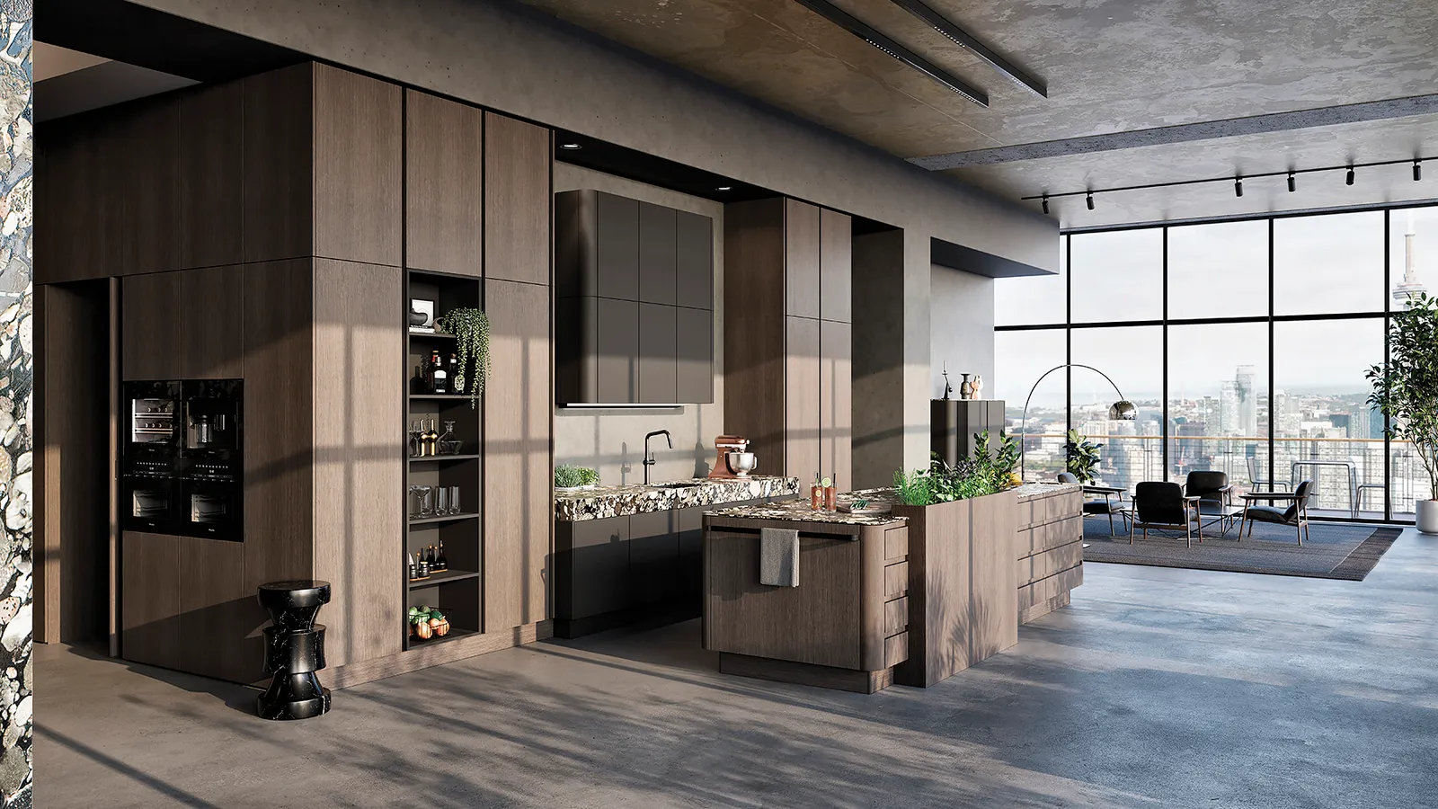 A kitchen with dark wood cabinets.