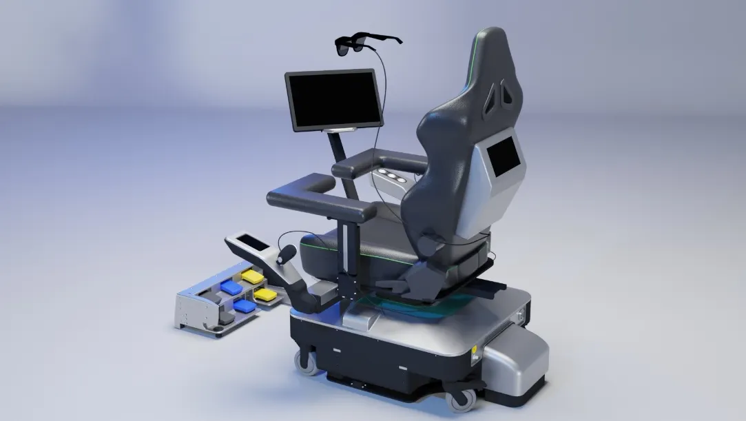 SS Innovations&#x27; chair-based telesurgery console is shown.