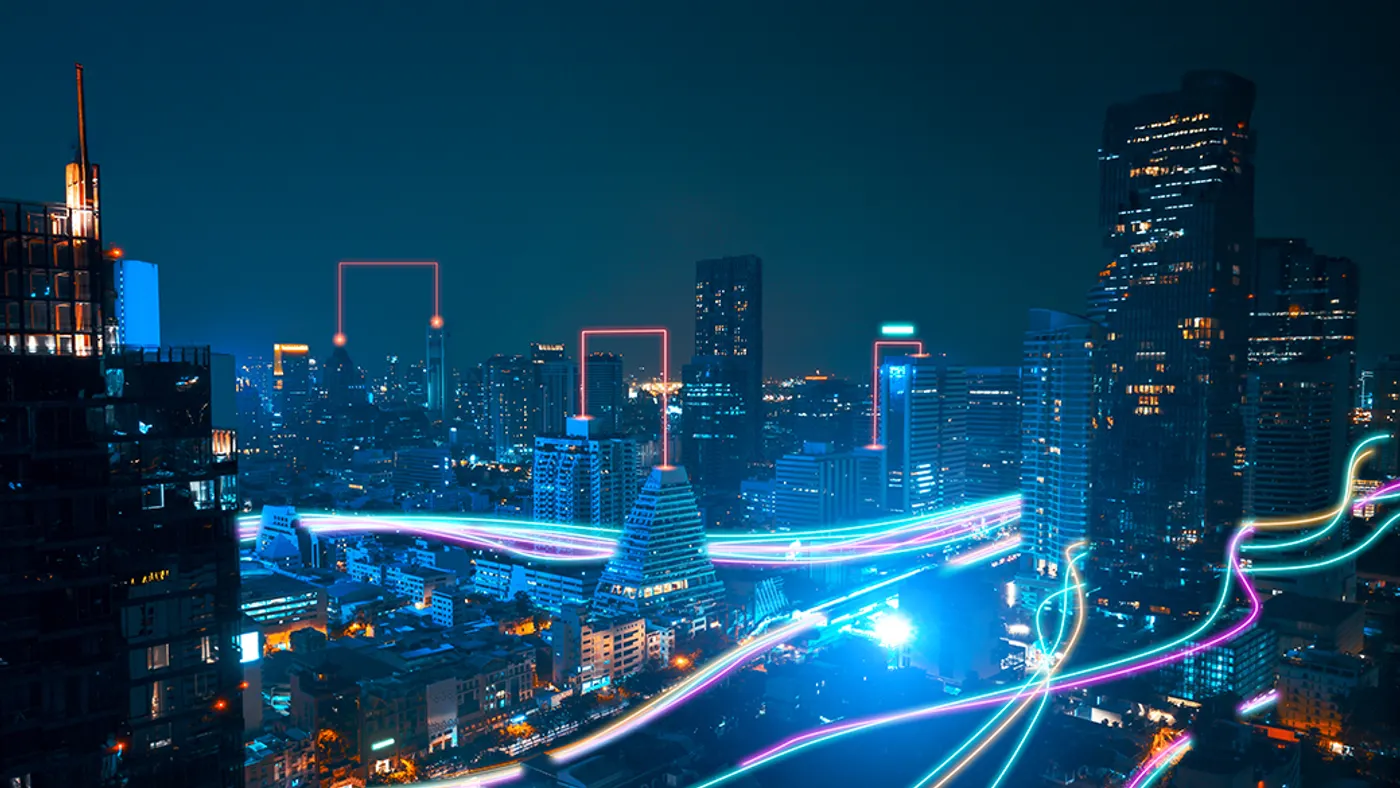 A digital AI image of a city at night