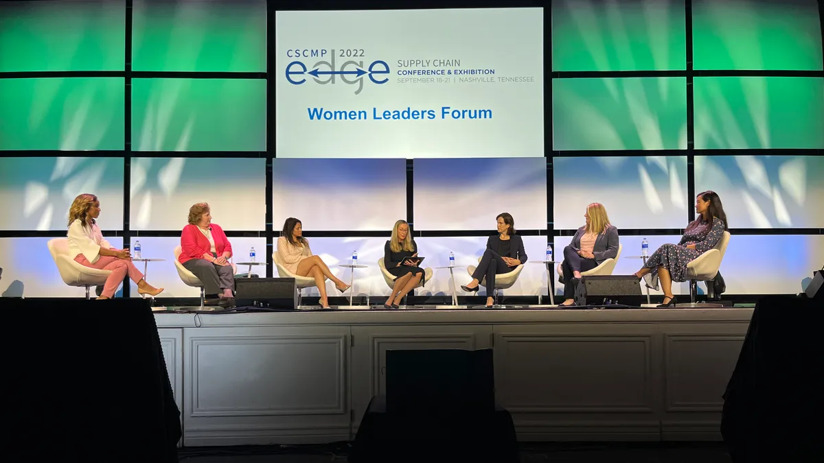 The panelists for the Women Leaders Forum sit at the stage as they speak about collaboration for the CSCMP Edge 2022 conference at Nashville, Tennessee.