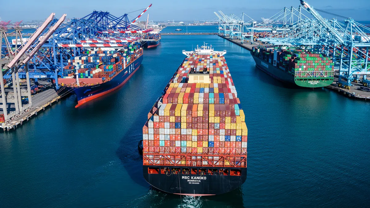 Container traffic at a pier in Los Angeles.