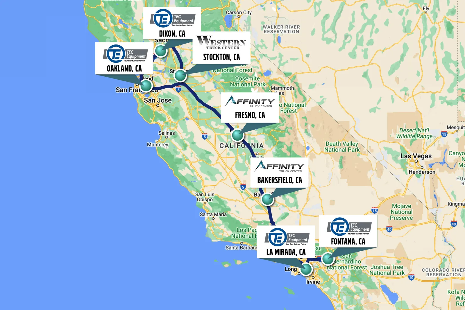 A map of the Volvo Trucks California Electrified Charging Corridor Project. Stations will be available in Dixon, Oakland, Stockton, Fresno, Bakersfield, Fontana and La Mirada California.