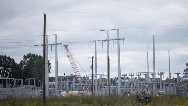 Transmission lines at an electric substation.