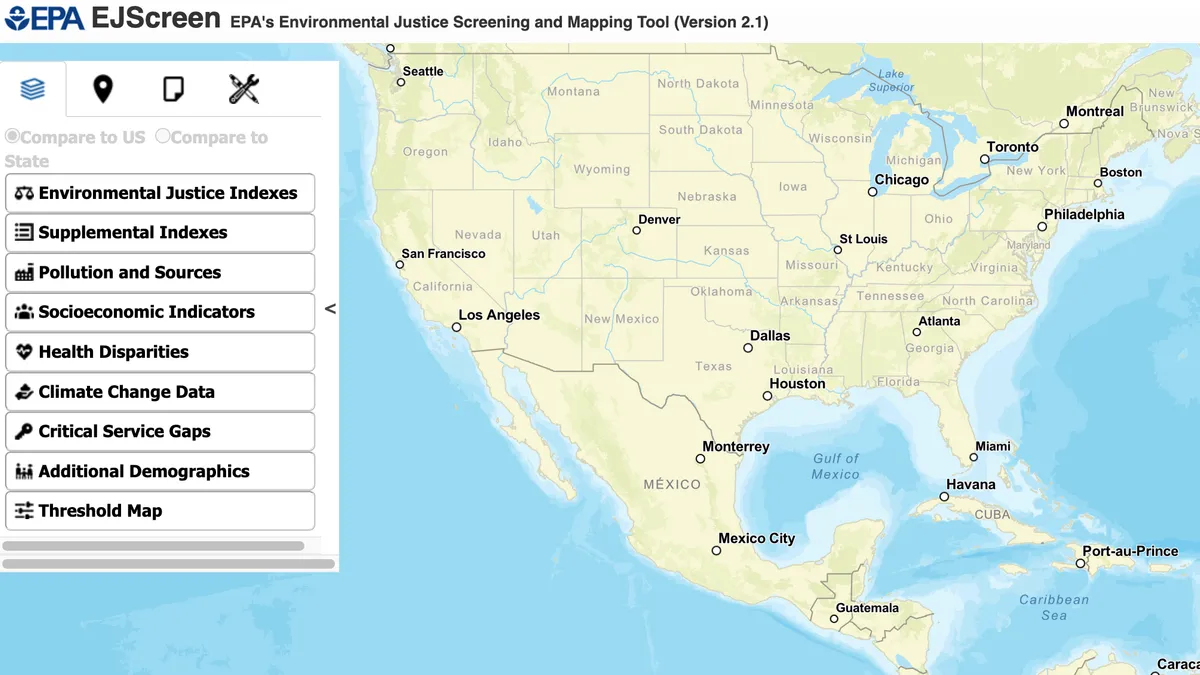 Map of U.S. within broader environmental justice tool