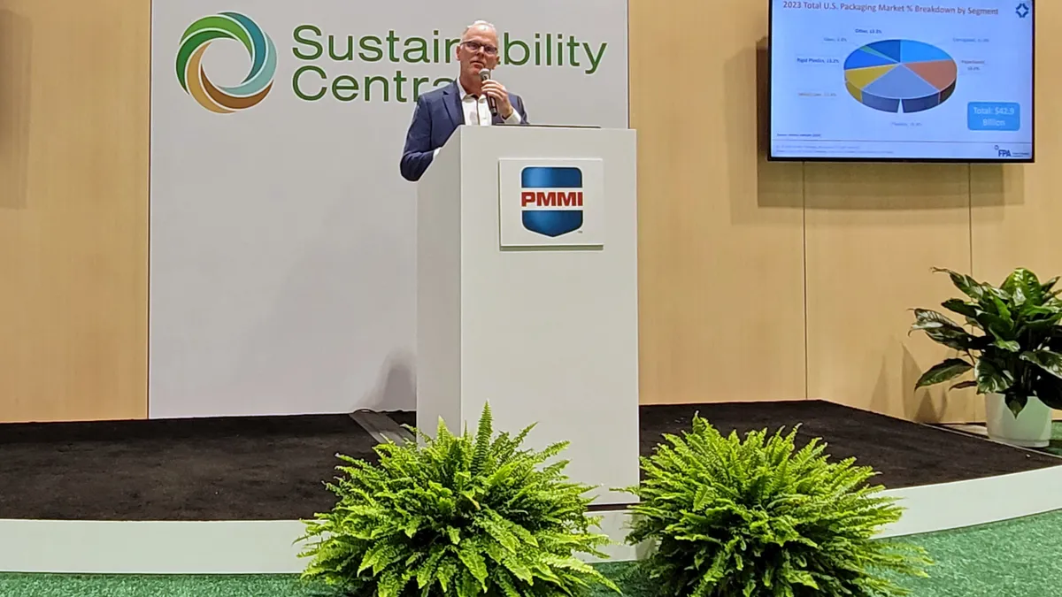 A person speaks from behind a PMMI podium on a stage, next to a digital screen showing a pie chart of packaging market share.