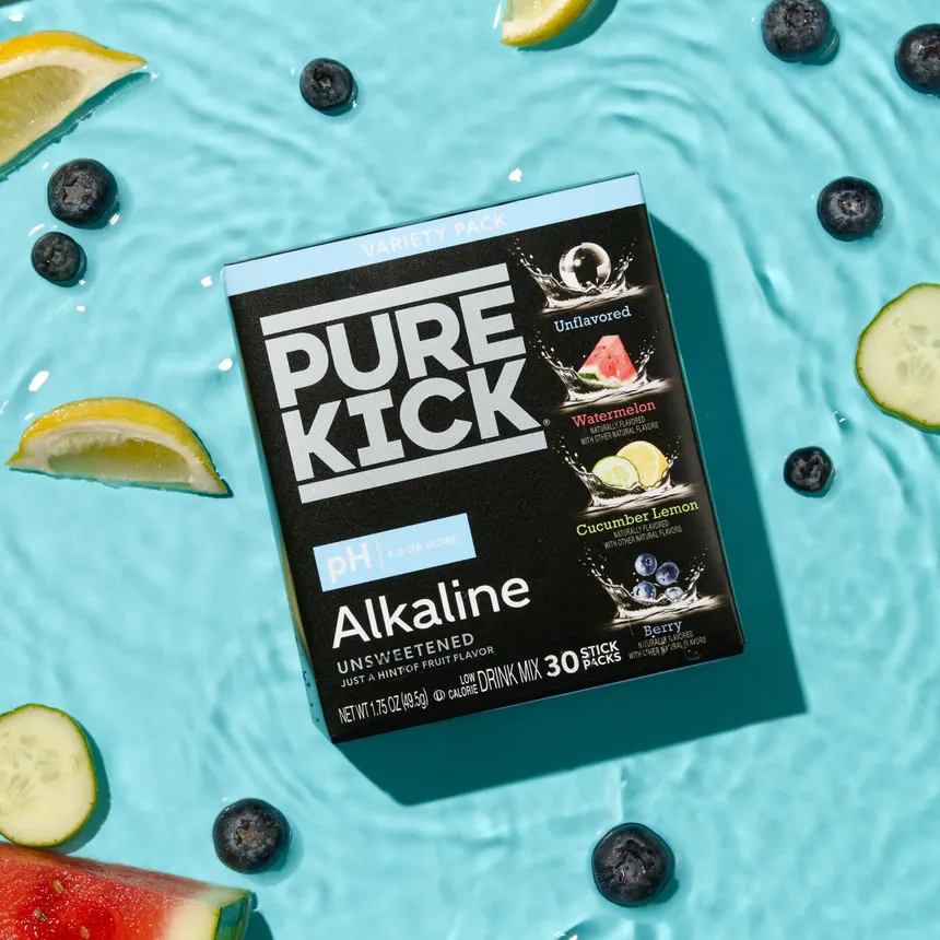 A box of  Jel Sert's Pure Kick Alkaline Singles to Go! Powdered Drink Mix