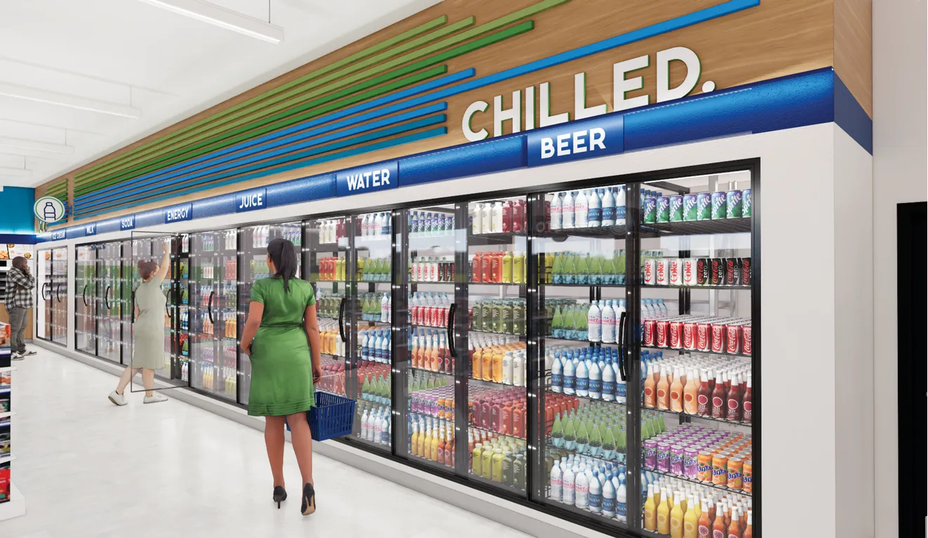 A rendering of the interior of a convenience store, showing a long row of coolers. Signs above the coolers say &quot;chilled beer, water, juice, energy, soda.&quot;.